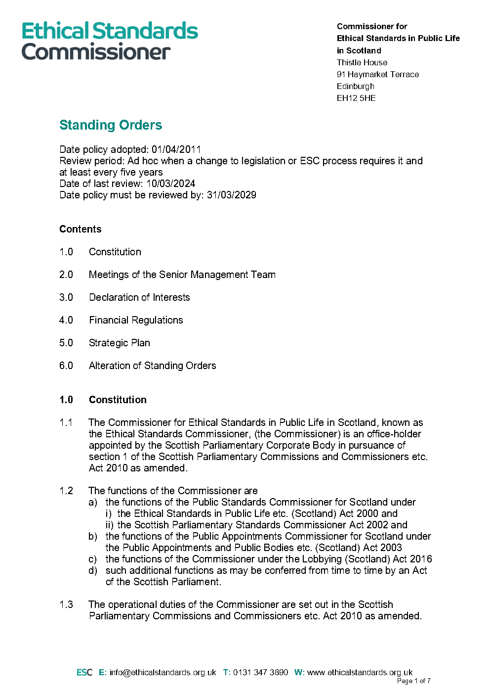 ESC Standing Orders