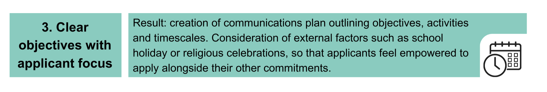 3. Clear objectives with applicant focus. Result: creation of communications plan outlining objectives, activities and timescales. Consideration of external factors such as school holiday or religious celebrations, so that applicants feel empowered to apply alongside their other commitments. 