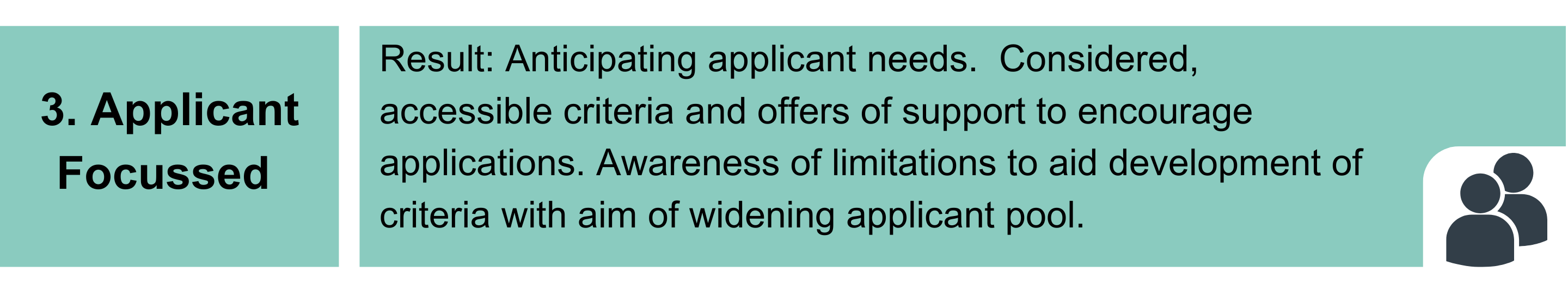 3. Applicant Focussed. Result: Anticipating applicant needs. Considered, accessible criteria and offers of support to encourage applications. Awareness of limitations to aid development of criteria with aim of widening applicant pool.